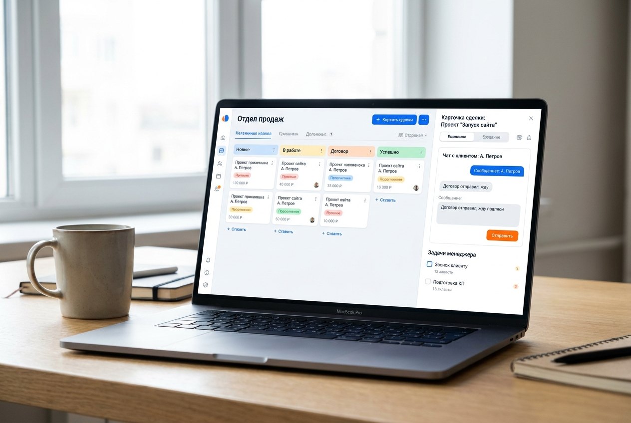 Воронка продаж и чат в CRM — ИИ-иллюстрация